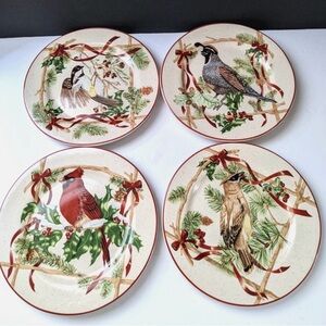 Block Festive Ribbon Set of 4 8” Salad Plates Various Birds and Ribbons 2000